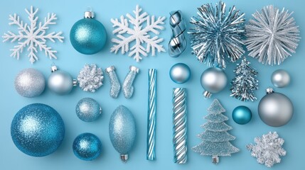 Fototapeta premium Festive Blue and Silver Christmas Decorations on Blue Background