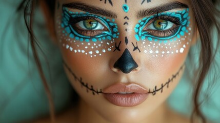 A close-up portrait of a person with intricate face paint resembling a skull design.