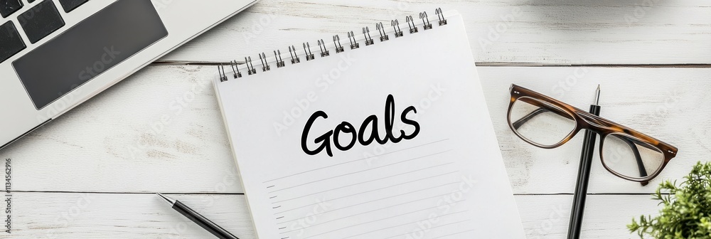 Poster a wellorganized notepad marked goals sits on a modern workspace with a laptop, stylish glasses, and 