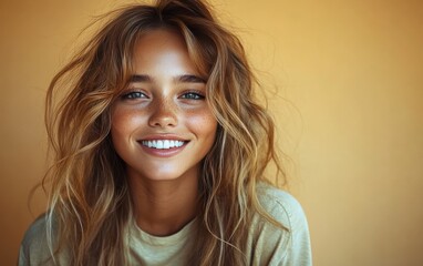 Naklejka premium Beauty girl smiling and wearing a t-shirt in studio color background