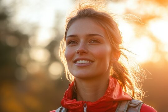 Marathon completion medal with tired but happy runner, natural sunset lighting, emotional portrait, with copy space
