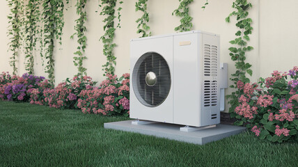 Outdoor heat pump unit surrounded by colorful flowers and ivy