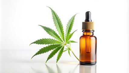 Fototapeta premium CBD oil dropper bottle with cannabis plant sitting on white background, CBD, oil, dropper, bottle, cannabis, plant, herbal