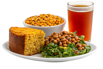 Delicious Southern Comfort Food Plate Featuring Cornbread, Collard Greens, Black Eyed Peas, and Iced Tea Served on a White Dish for a Heartwarming Meal Experience