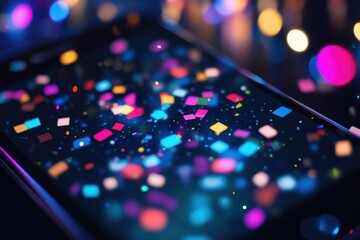 Mobile game victory screen with confetti animation, phone screen lighting, UI detail, with copy space