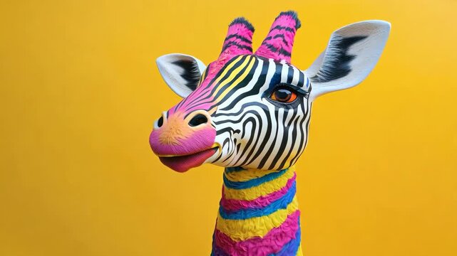 Playful depiction of an enormous zebra-patterned giraffe, fantastical giraffe designs, featuring zebra stripes, fluffy giraffes, vibrant hues, against a simple yellow background.