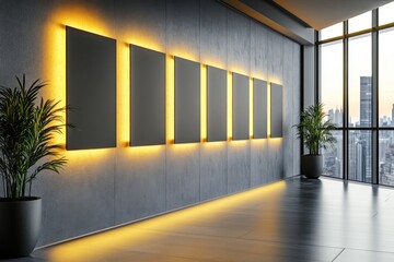 Modern office award wall with spotlit plaques and achievement certificates, dramatic accent lighting, architectural detail, with copy space