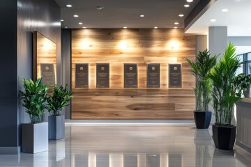 Modern office award wall with spotlit plaques and achievement certificates, dramatic accent lighting, architectural detail, with copy space