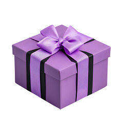 Obraz premium Elegant purple gift box with a satin bow and black ribbon, perfect for celebrations, birthdays, or special occasions, showcasing a charming and festive design