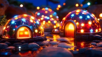 Illuminated geodesic domes nestled in a whimsical, miniature landscape at night.