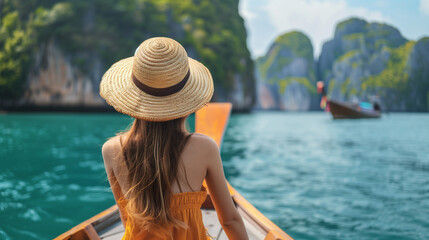 Woman on a boat exploring tropical waters.