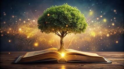 Tree Growing From The Old Book - Shining And Magic Lights
