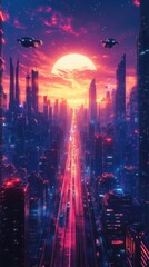 Obraz premium sunset glowing cityscape, casting a warm glow over the scene.