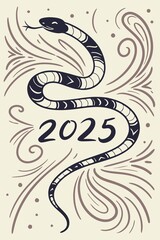 Fototapeta premium snake is represented by flowing lines and curves, forming a dynamic '2025' shape. The background is a swirling mix of colors reminiscent of fireworks, with a textured, painterly feel