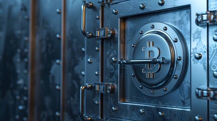 Metallic Vault Door Featuring Bitcoin Symbol in Modern Digital Security Design