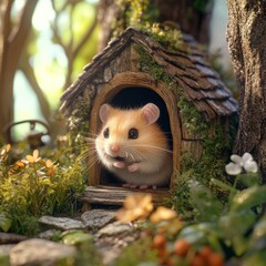 Cute hamster peeking from its miniature wooden house in a whimsical garden setting.