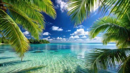 Tropical paradise with lush palm leaves and clear turquoise waters on a sunny day, Summer, tropical, paradise