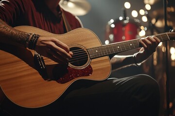 Close-Up of Musician Playing Acoustic Guitar in Intimate Setting with Warm Lights and Blurred Drums in Background, Creating an Atmosphere of Creativity and Passion for Music
