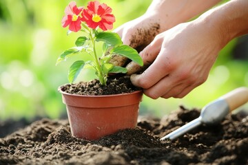 Hands Planting Red Flowers in a Brown Pot Surrounded by Fresh Soil with Green Garden Background During Sunny Day Outdoors