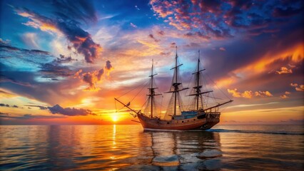 Obraz premium Old ship sailing at sea during sunset with a colorful sky in the background, ship, sea, sunset,vintage, nautical, ocean, water
