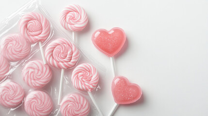 Lollipop in heart shape, spiral and round candies in transparent plastic pack isolated on white background. Vector realistic pink caramel on stick for Valentines day. Wrapped sweets in clear package