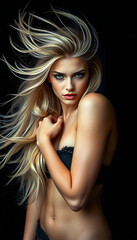 Naklejka premium sensual portrait of a blonde with flying hair. banner or poster for a beauty salon, grunge, with white tones