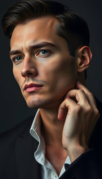 Serious man staring with confidence, elegance and beauty generated by AI, magazine photoshoot, with white tones