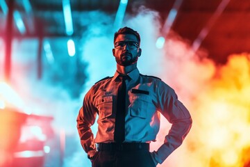 Obraz premium Intense Model in Stylish Uniform Amid Colorful Lights
