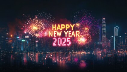 Vibrant fireworks display over city skyline at night, celebrating Happy New Year 2025.