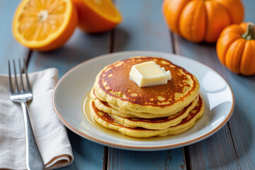 natural yogurt pancakes served gray wooden table paper napkin utensils alongside orange pumpkin