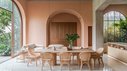 Obraz premium Open-plan dining area with large windows, featuring a light peach interior, wooden furniture, and a long wooden table.