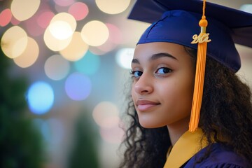 Young graduate with curly hair wearing a cap and gown, celebrating achievement against a soft bokeh background of colorful lights, showcasing pride and determination.