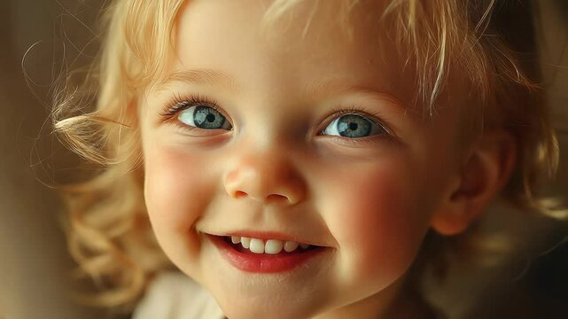 Portrait of a young child with a bright smile, natural sunlight on the face, joyful and innocent expression, pure and uplifting, capturing a moment of happiness
