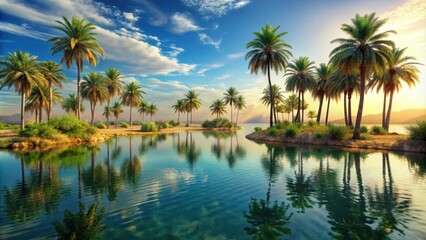 Obraz premium Oasis sunset landscape with palm trees and tranquil water , oasis, sunset, landscape, background,palm trees, water, serene