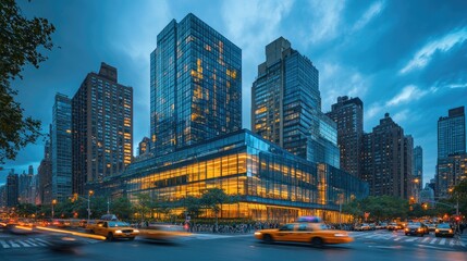 Fototapeta premium exterior of office buildings and street scene in the core business district of a bustling city, modern urban architecture