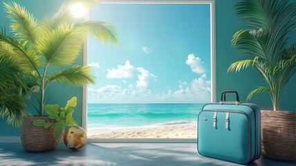Fototapeta premium Tropical vacation concept with beach, natural plant elements, and a relaxing holiday atmosphere