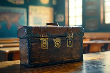 Reward treasure box in classroom being opened, classroom lighting, excitement capture, with copy space