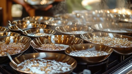 Delicious Golden Caramel Cooking in Multiple Shallow Bowls Steaming