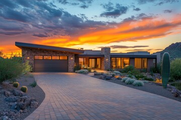 Obraz premium Modern Home Exterior at Sunset with Vibrant Sky