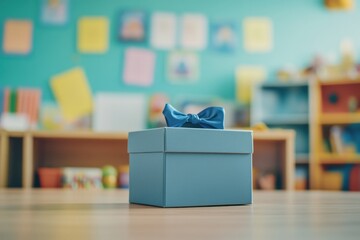 Reward treasure box in classroom being opened, classroom lighting, excitement capture, with copy space