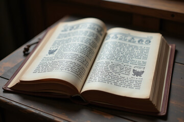 Obraz premium open old mystic book intricate symbols worn wooden desk soft evening