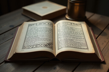 Obraz premium open old mystic book intricate symbols worn wooden desk soft evening