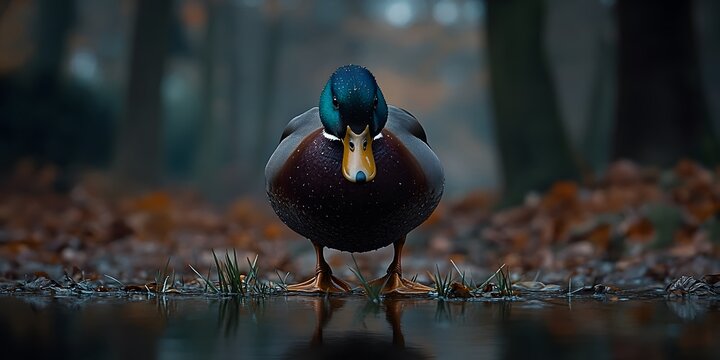A mallard duck stands near water, surrounded by autumn foliage in a serene forest setting. - Powered by Adobe