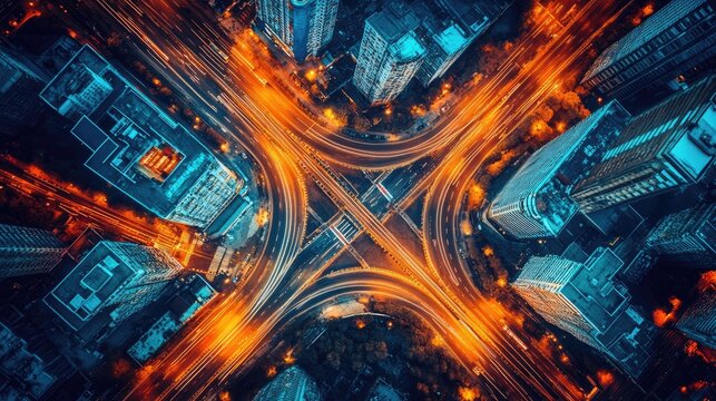 modern city night scene with neon-lit cross streets and twinkling lights, top view