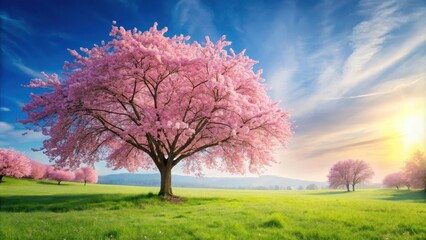 Fototapeta premium Serene summer landscape with pink cherry blossom tree and field of flowers, cherry blossom, pink, tree, flowers, field