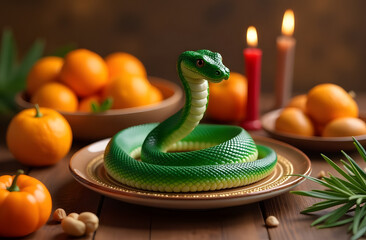 Fototapeta premium A snake is surrounded by traditional New Year's treats, such as mandarins, nuts, and candles.