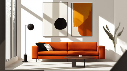 Minimalist home interior design of modern living room. Room with orange sofa, abstract art, modern decor, and large window