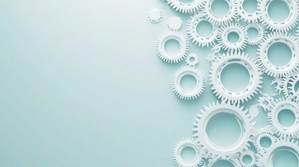 A geometric arrangement of white gears on a soft light blue background, creating a pattern of circular motion. 