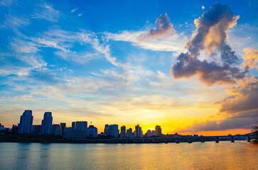 Beautiful , luxury soft gradient orange gold clouds and sunlight on the blue sky perfect for the...