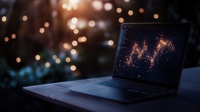 A laptop displaying a glowing data visualization on a desk, surrounded by soft bokeh lights, creating a serene and tech-inspired ambiance.